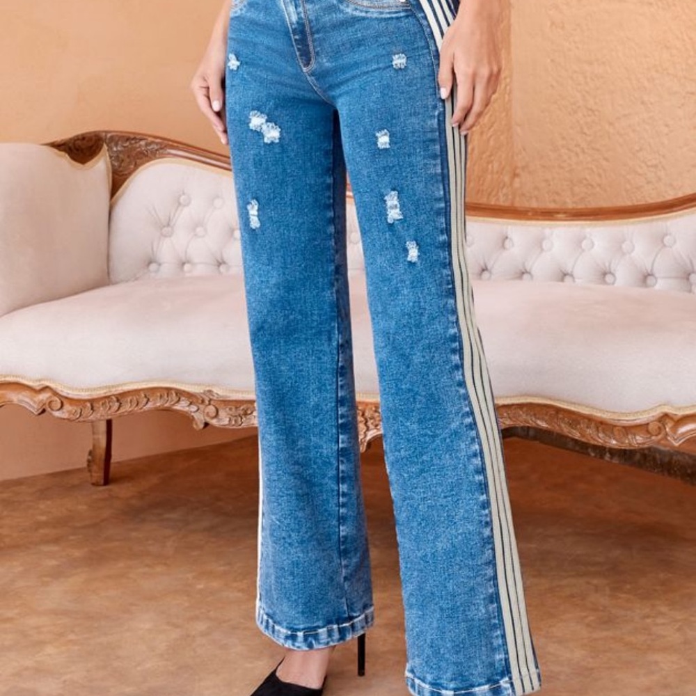 Stylish Blue Distressed Jeans with Striped Detail